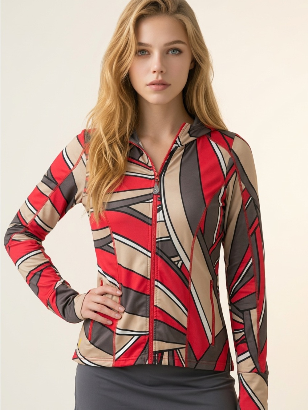 Lole Y2K Hooded Gray Red Geometric Abstract Retro Sporty Zip Jacket-M
